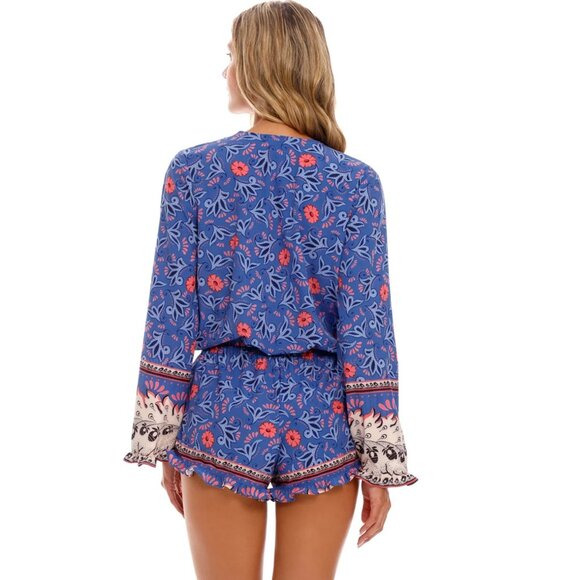 NEW Agua Bendita Larissa Deep V Floral Long Sleeve Romper Coverup Size Medium - Picture 2 of 15